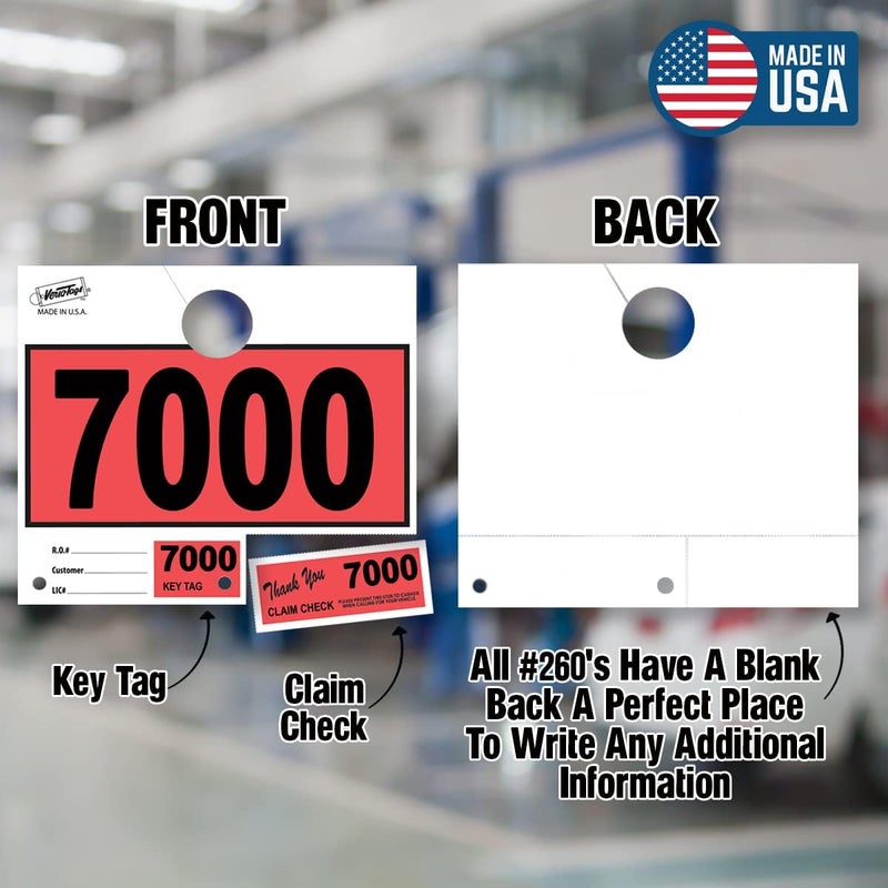 Versa-Tags 1000 Red Car Dealer Service Hang Tags Service Dispatch Numbers, Service Department Numbered Key Tags for Mechanic Repair Shop 3 Part Key Ring - Red (7000-7999) - Image 3